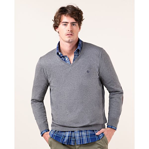 Jersey Cuello Pico Coderas Gris Melange