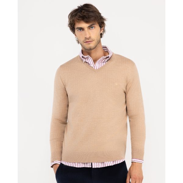 Jersey Cuello Pico Merino Beige