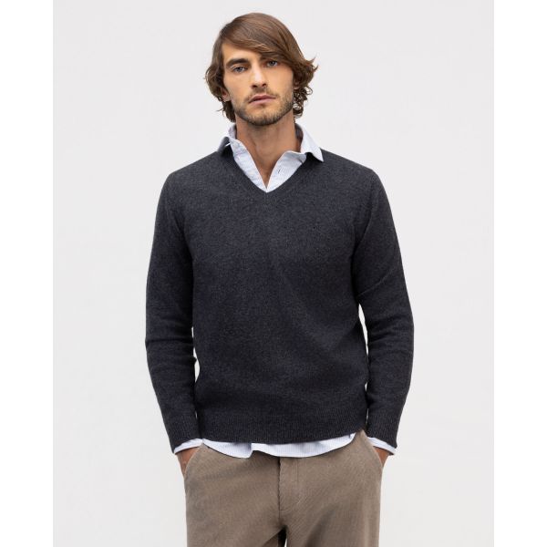 Merino V-Neck Sweater, Charcoal Grey