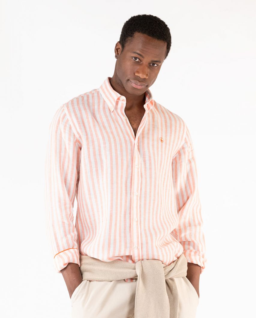 White and Orange Striped Linen Shirt