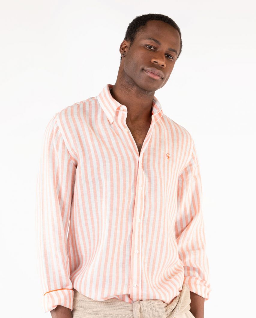 White and Orange Striped Linen Shirt
