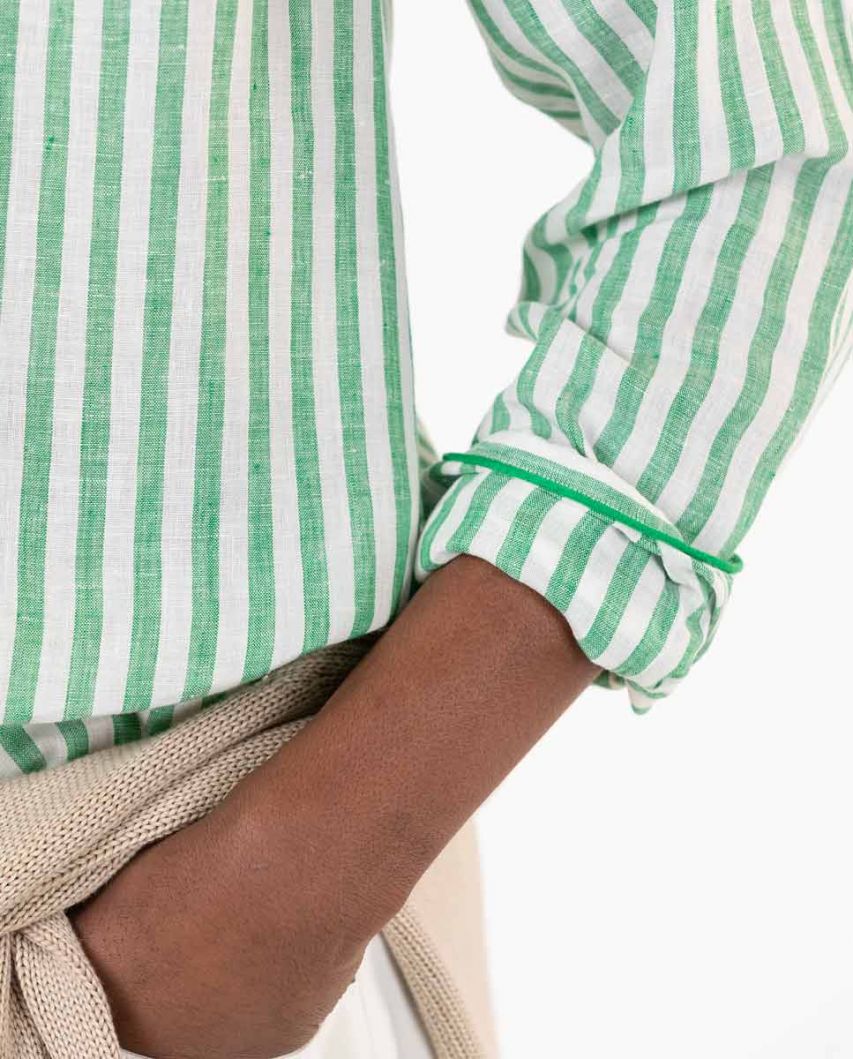 White and Green Striped Linen Shirt