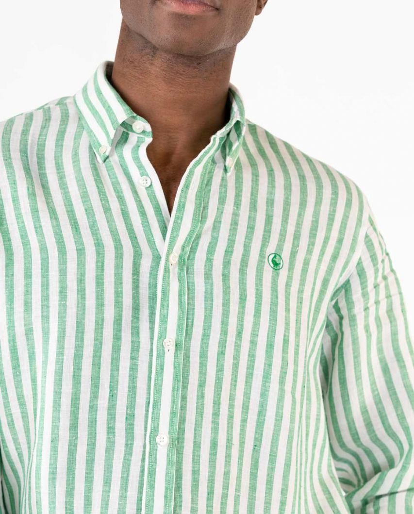Camisa Lino Rayas Blanca y Verde