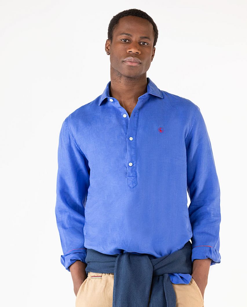 Plain Blue Linen Popover Shirt