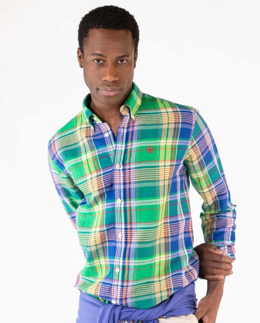 Camisa de linho xadrez de algodão verde
