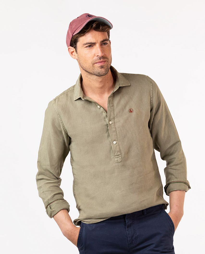 Plain Green Linen Popover Shirt
