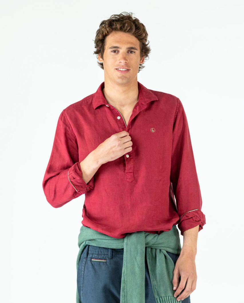 Plain Maroon Linen Popover Shirt
