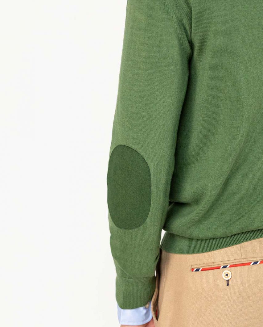 Pullover V-Ausschnitt Ellenbogen-Patches Dunkelgrün