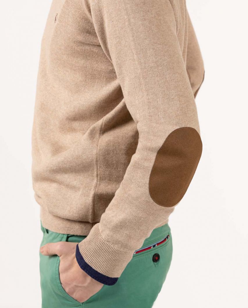 Pullover V-Ausschnitt Ellenbogen-Patches Beige