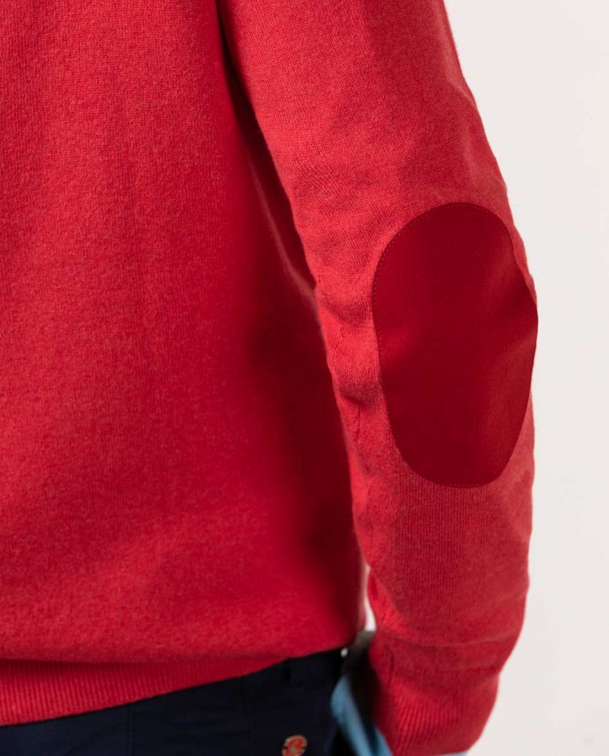 Suéter vermelho decote em V com cotoveleiras