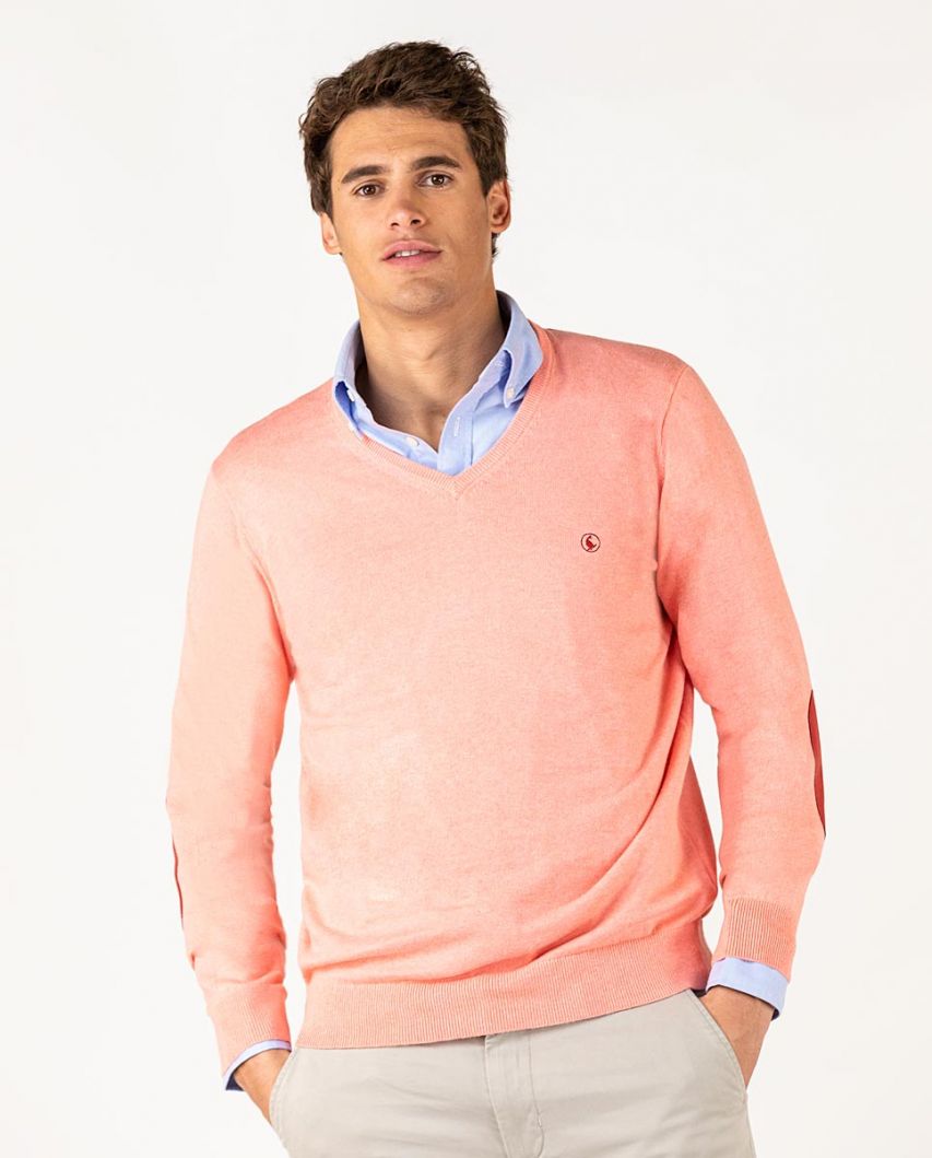 Suéter com decote em V cotoveleiras rosa