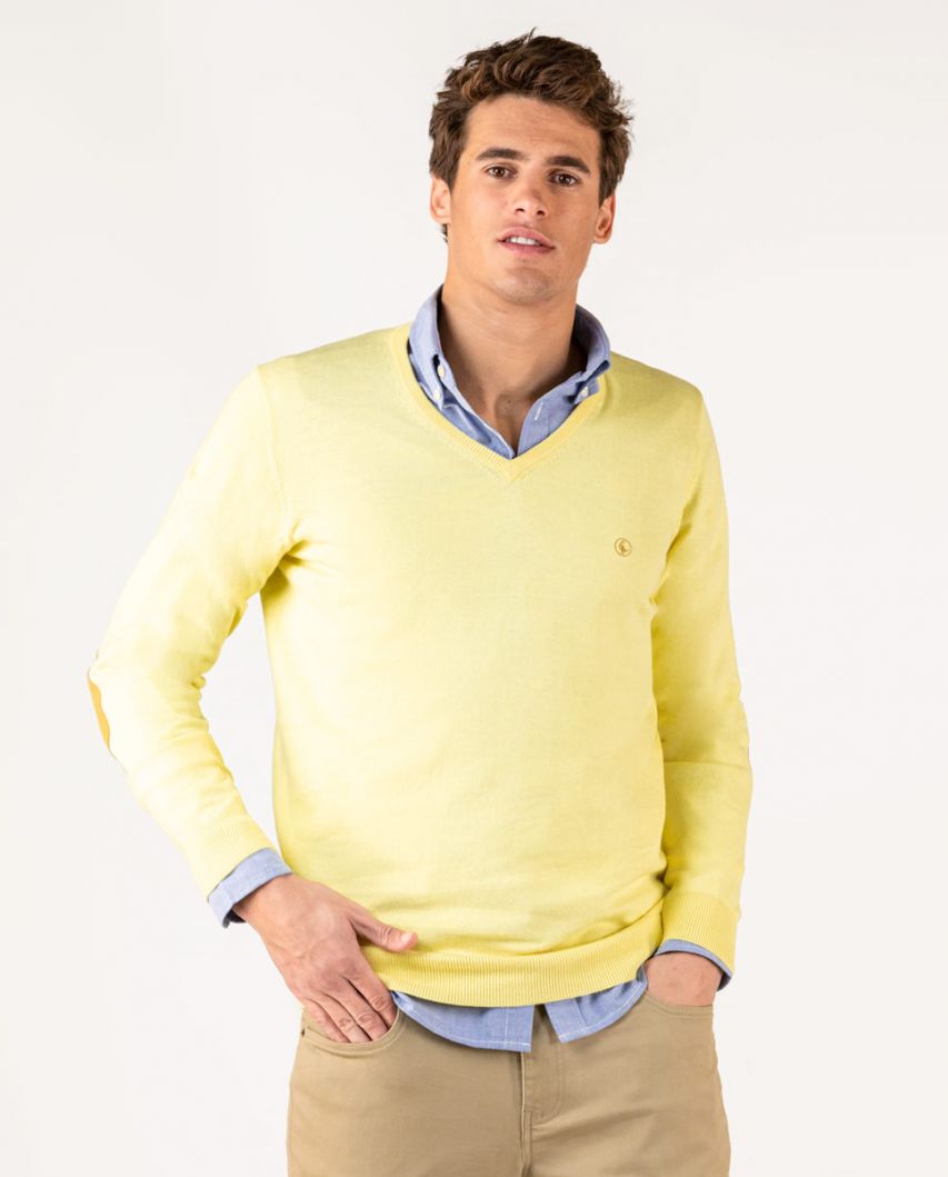 Pullover V-Ausschnitt Ellenbogen-Patches Gelb