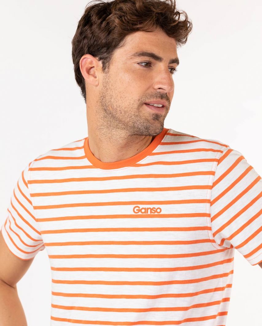 Camisa de listra laranja com fundo branco
