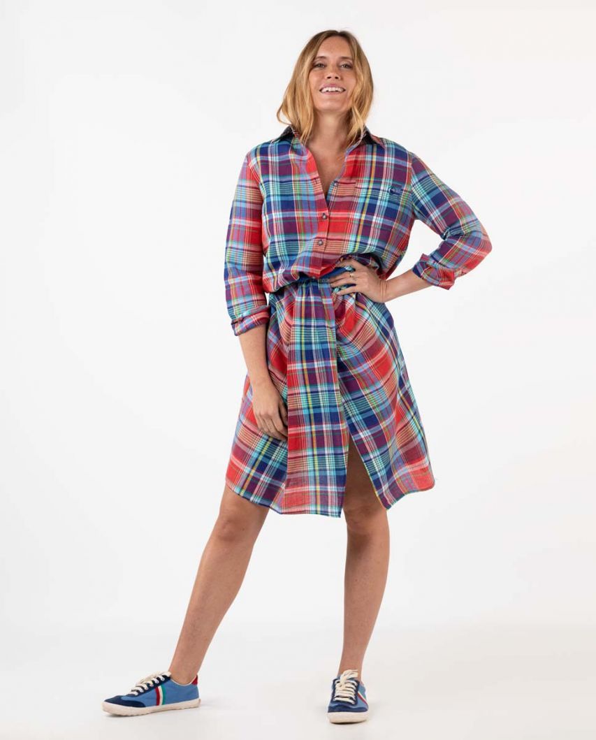Red Blue Checked Wrap Dress