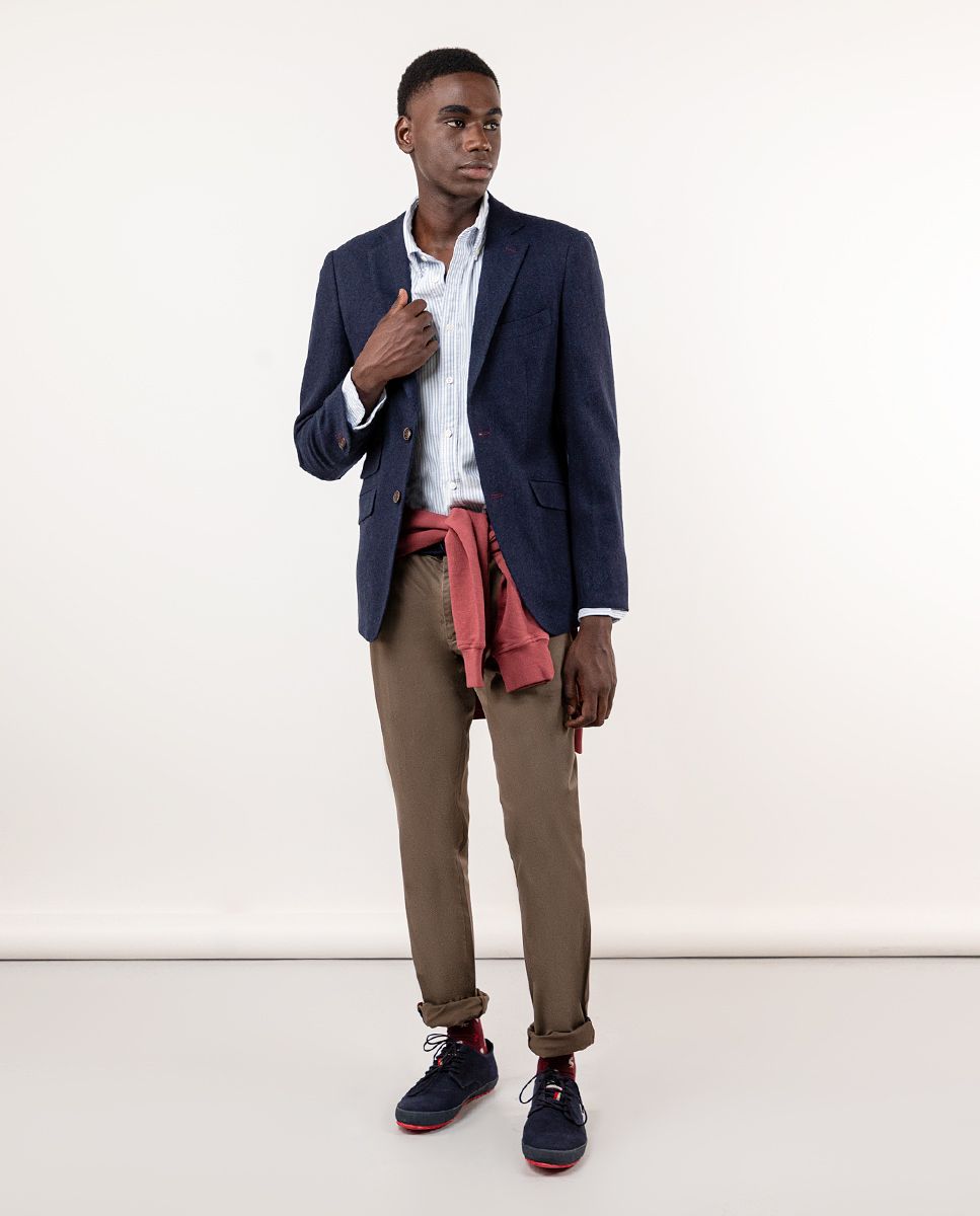Navy Herringbone Wool Blazer