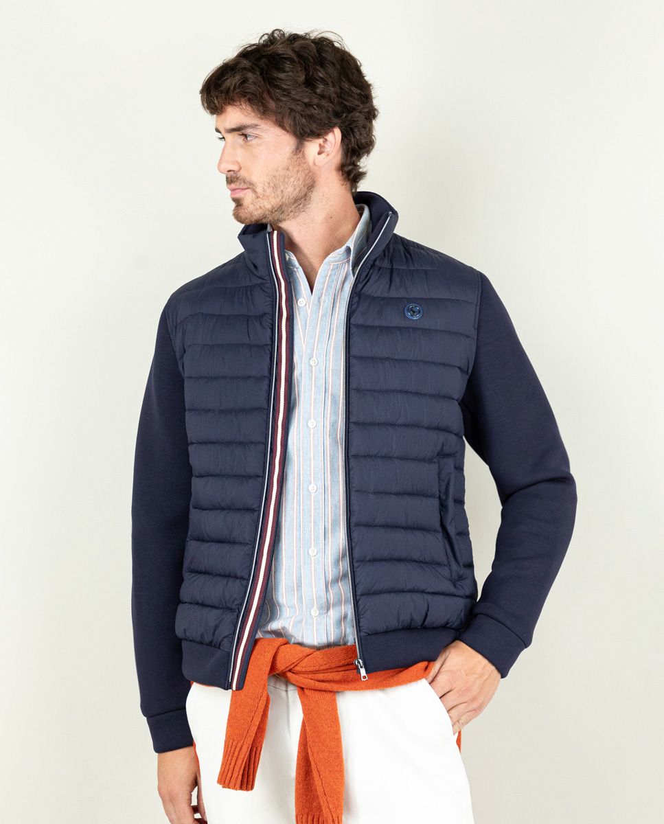 Puffer jacket with fabric sleeves clearance