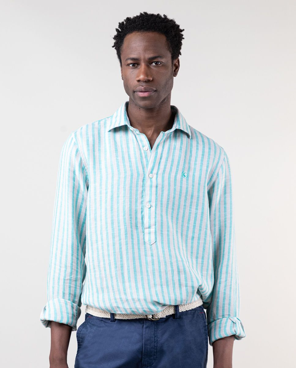 Camisa Polera Lino Rayas Arena y Menta