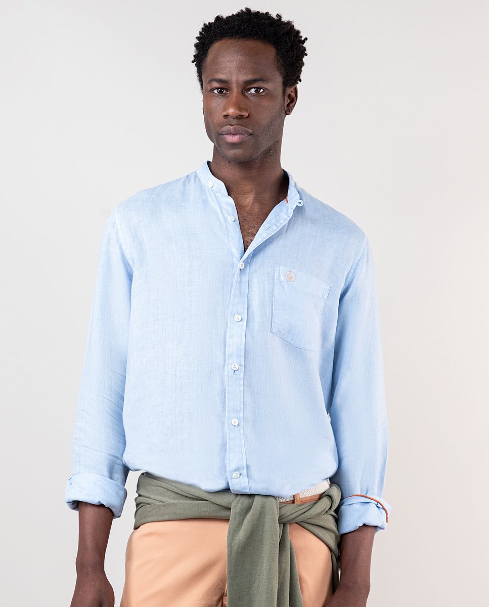 Camisa Lino Cuello Mao Celeste