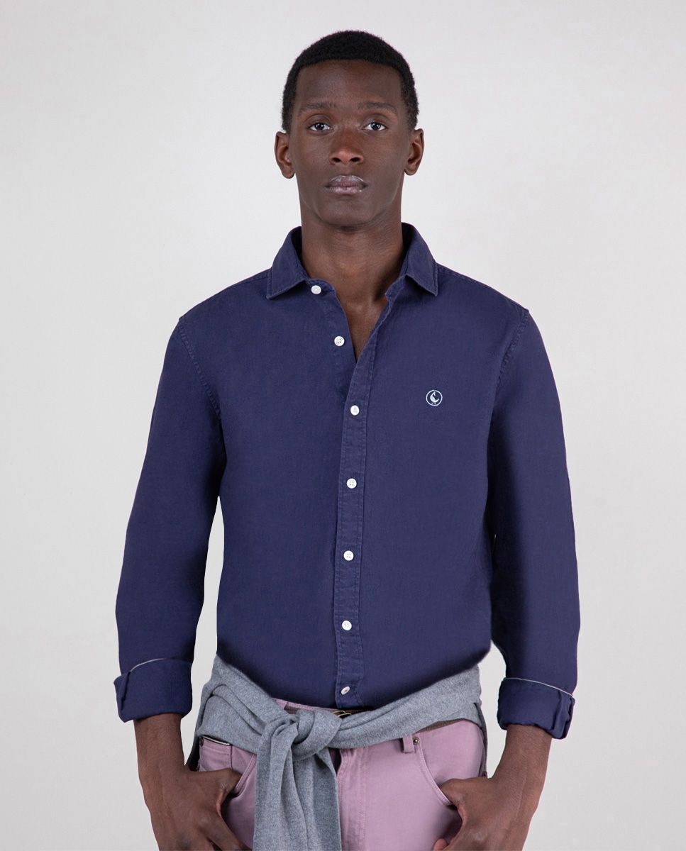 Camisa lino azul marino hombre 2025