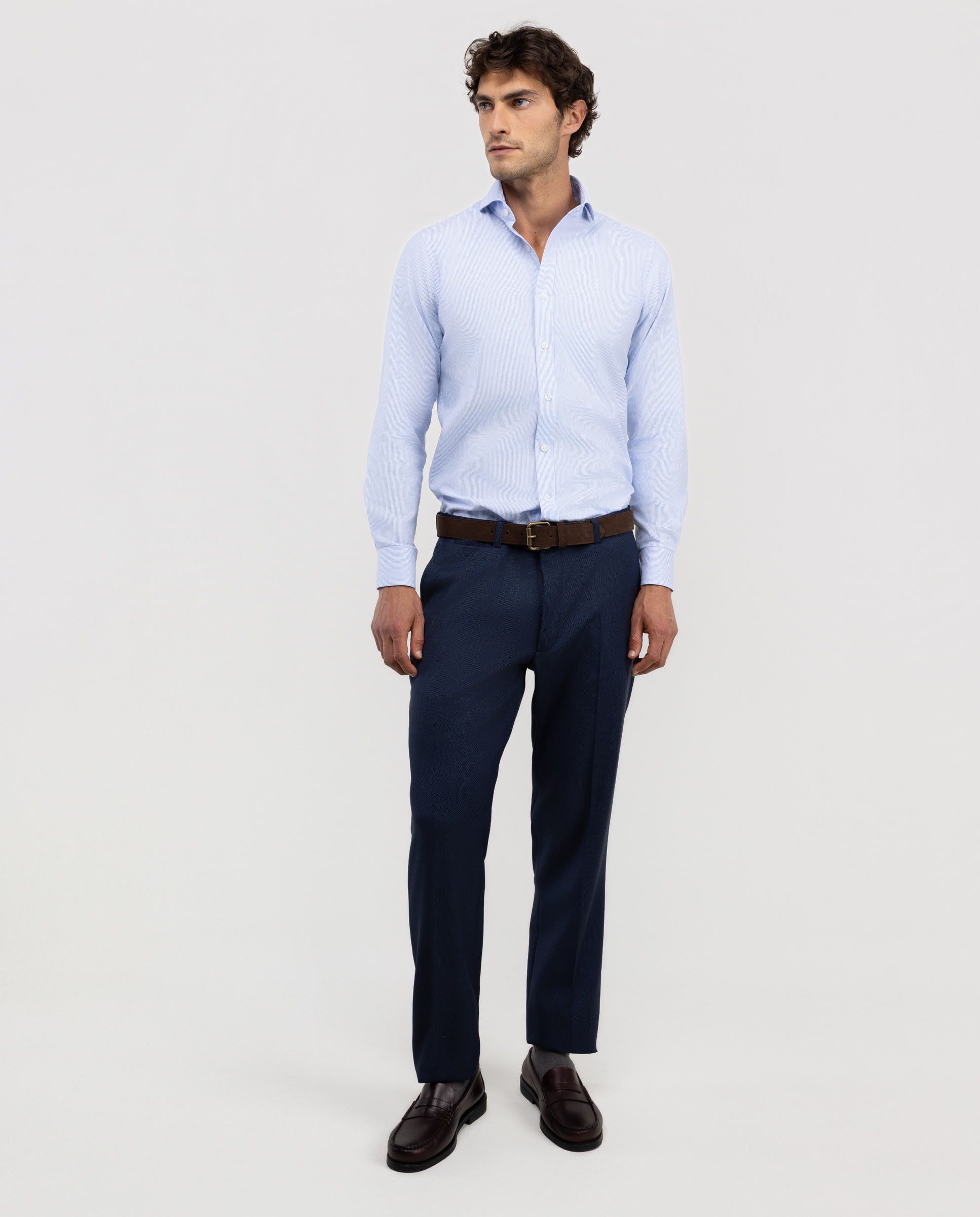 Chemise Sur Mesure Bleu Et Gris Rayée – Manches Longues – Poignets Mousquetaires – Taille M