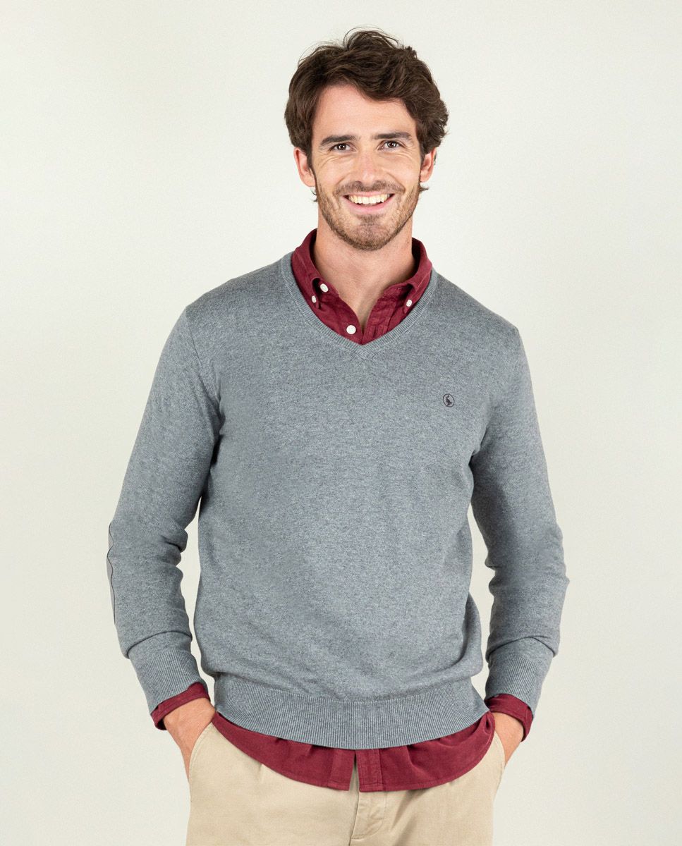 Light Grey V Neck Jumper W Elbow Patches