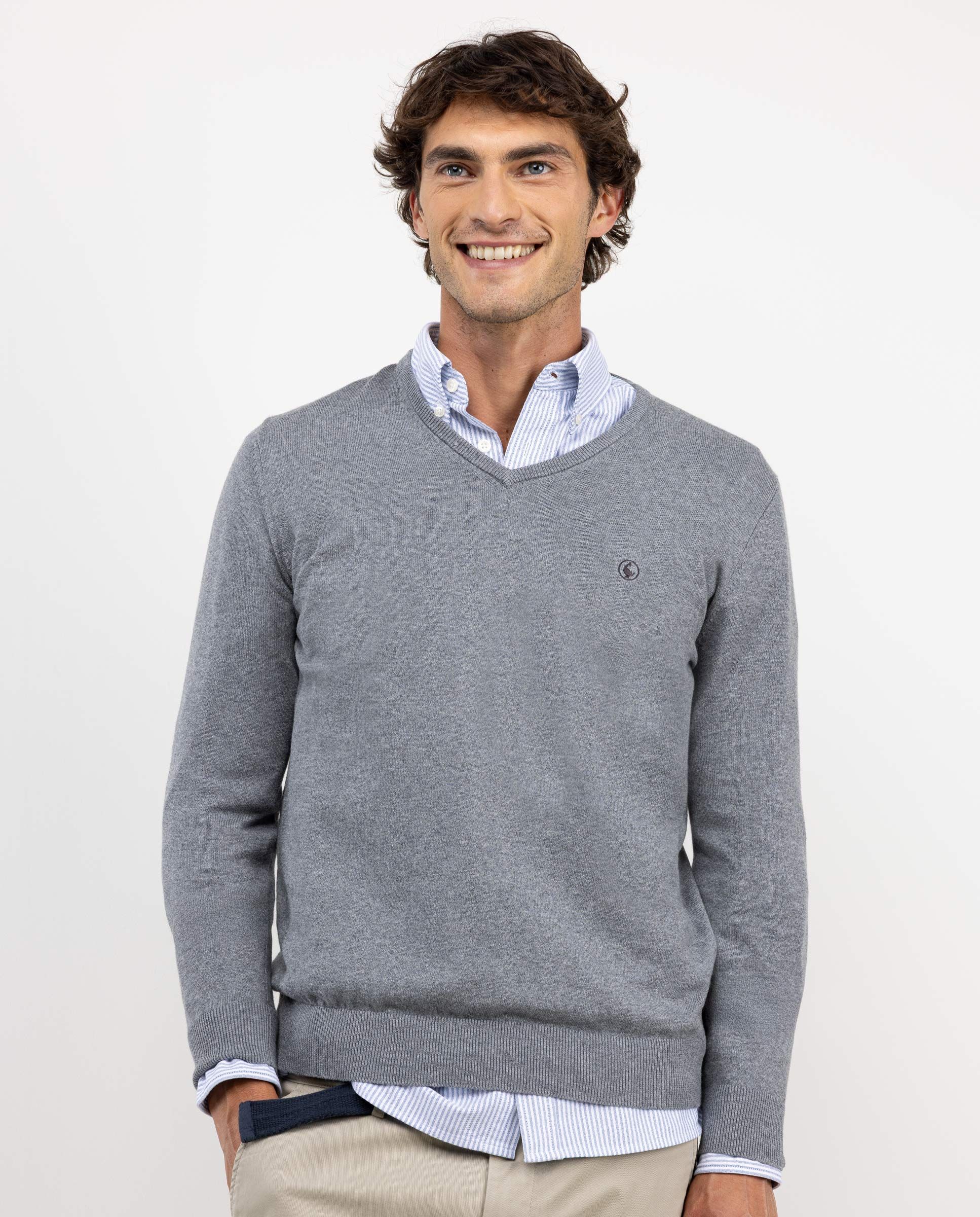 Grey V-Neck Jumper W Elbow Patches