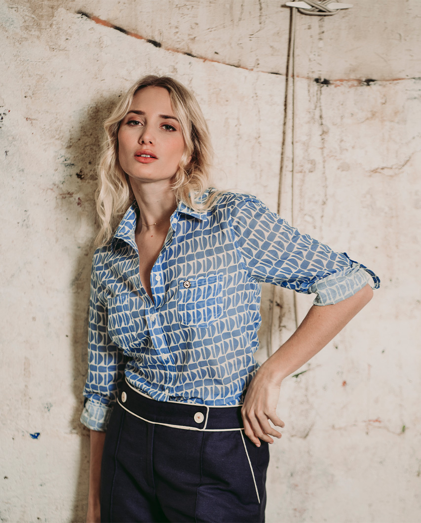 Chemise Imprimé Géométrique Bleu Ciel  